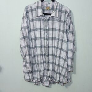 Tulip Plaid Flannel Button-Down Tunic White Pink Black Cotton Women's Size XL